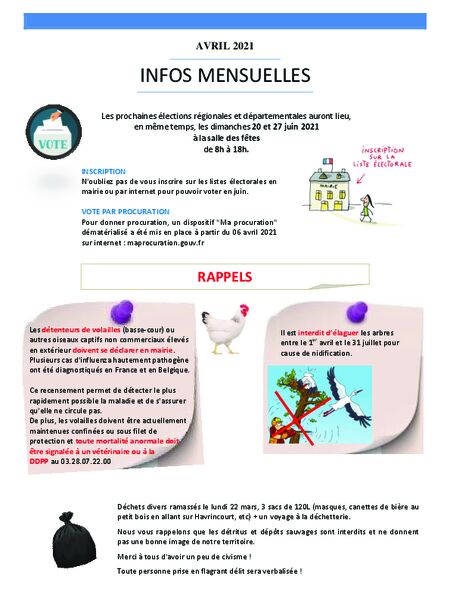 élections régionales et départementales ; détenteurs de volailles ; élagages ; obus ; chiens et chats